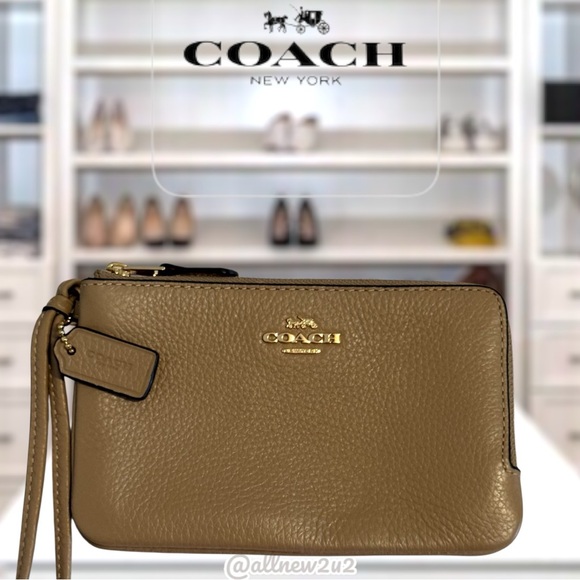 Coach Double Corner Zip Wristlet in taupe/gold - Picture 1 of 10